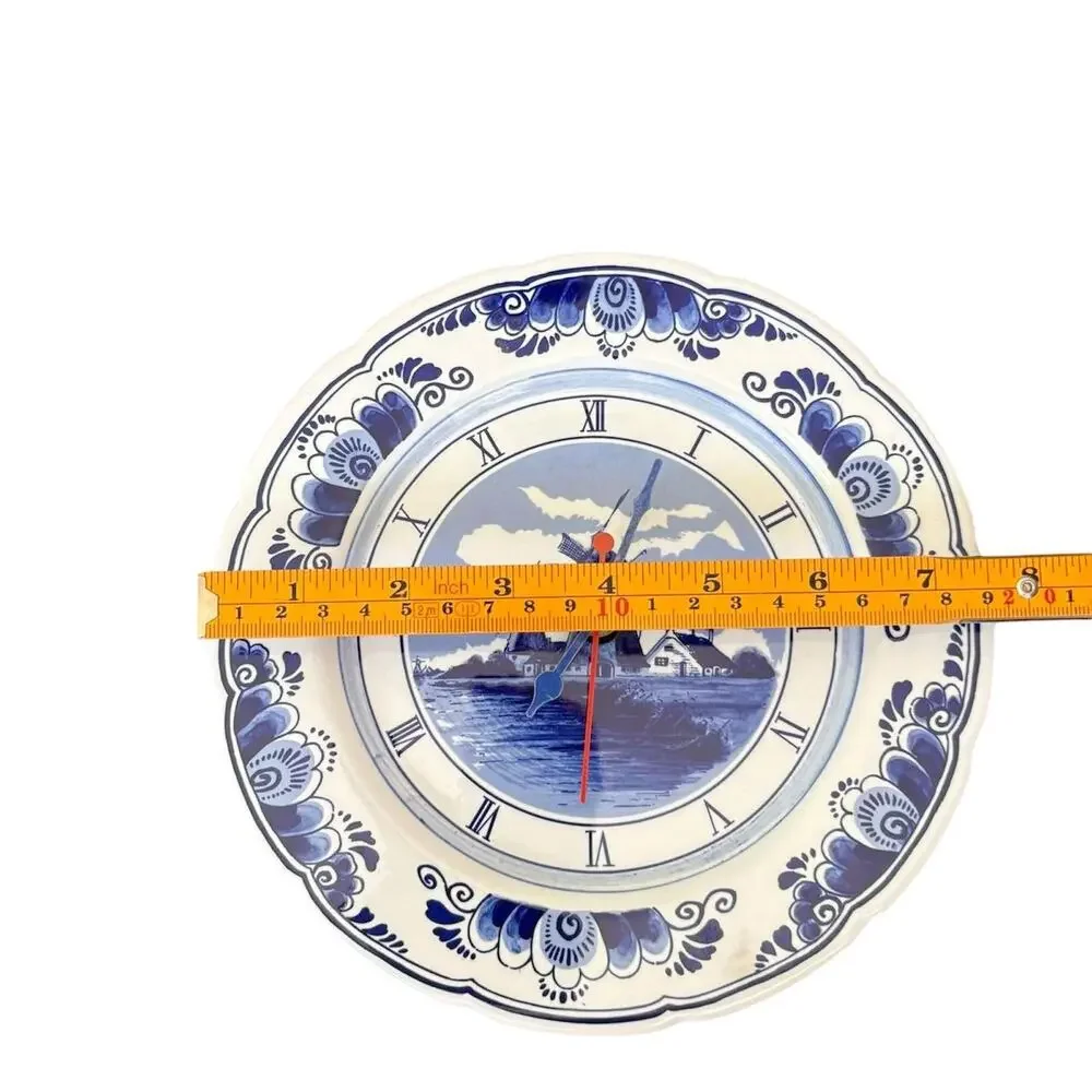 Blue Holland Windmill Ceramic Wall Clock Plate Quartz Dutch Decor 7”